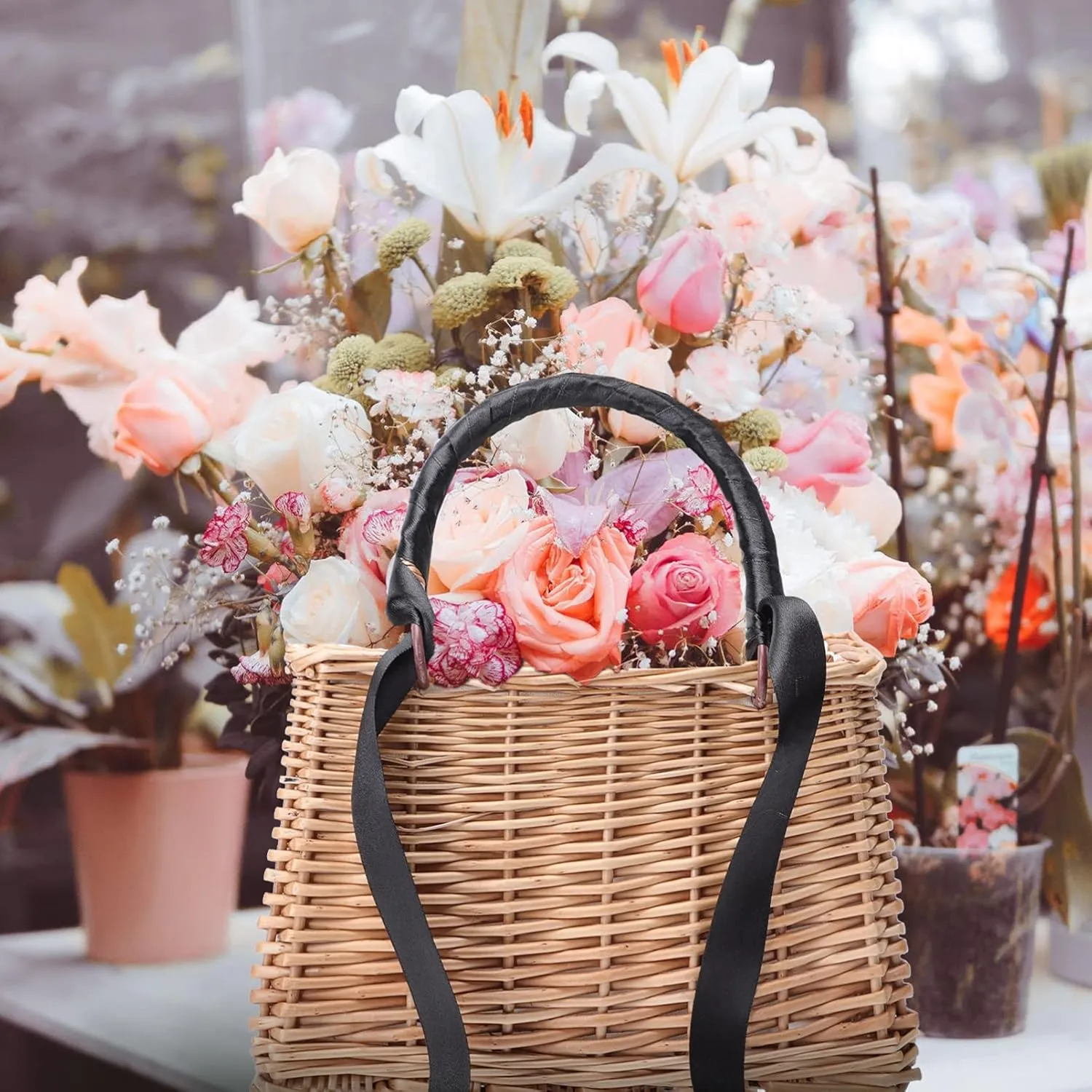 Rectangular Basket Purse - Wicker Handbag - Wedding Flower Girl Baskets Boho Style Straw Tote Summer Clutch for Women (Black Ribbon)