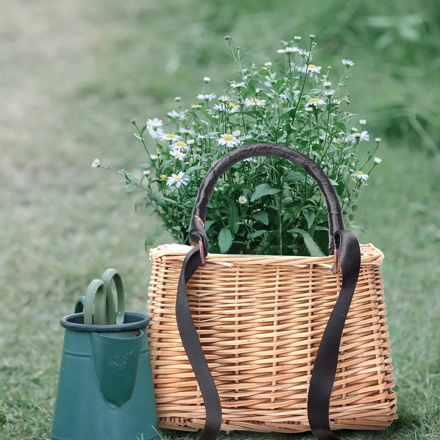 Rectangular Basket Purse - Wicker Handbag - Wedding Flower Girl Baskets Boho Style Straw Tote Summer Clutch for Women (Black Ribbon)