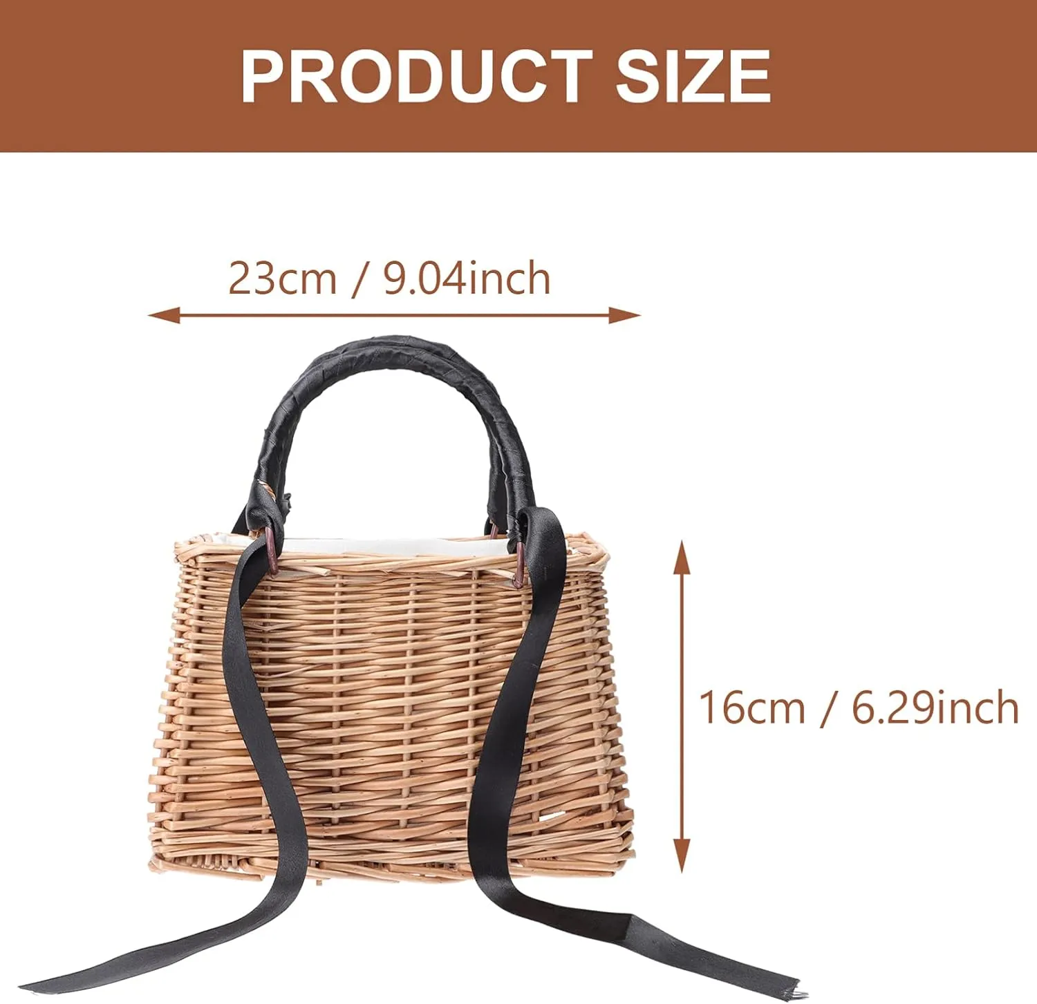 Rectangular Basket Purse - Wicker Handbag - Wedding Flower Girl Baskets Boho Style Straw Tote Summer Clutch for Women (Black Ribbon)
