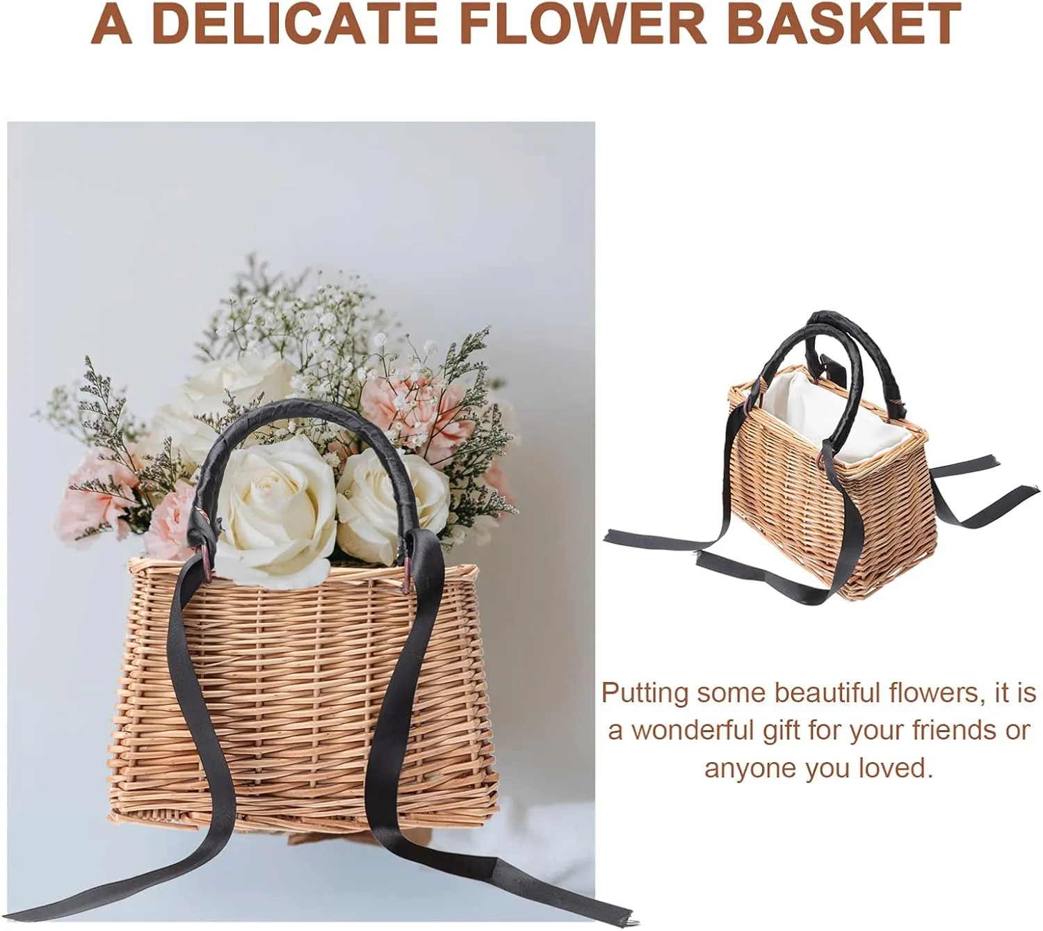 Rectangular Basket Purse - Wicker Handbag - Wedding Flower Girl Baskets Boho Style Straw Tote Summer Clutch for Women (Black Ribbon)