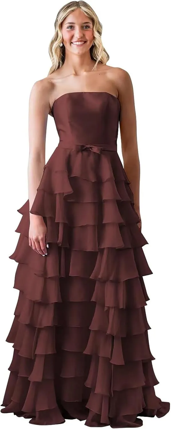 Ruffles Tiered Chiffon Prom Dresses Long Corset Strapless Formal Evening Gowns with Slit