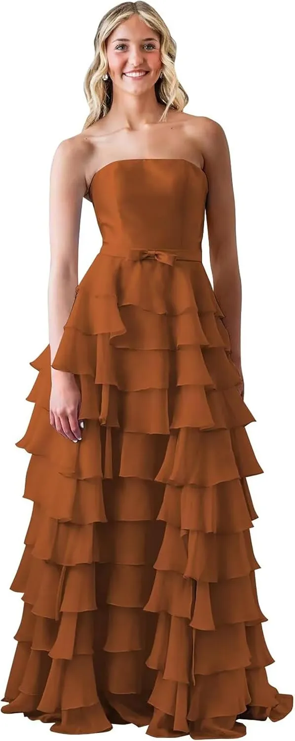 Ruffles Tiered Chiffon Prom Dresses Long Corset Strapless Formal Evening Gowns with Slit