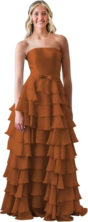 Ruffles Tiered Chiffon Prom Dresses Long Corset Strapless Formal Evening Gowns with Slit