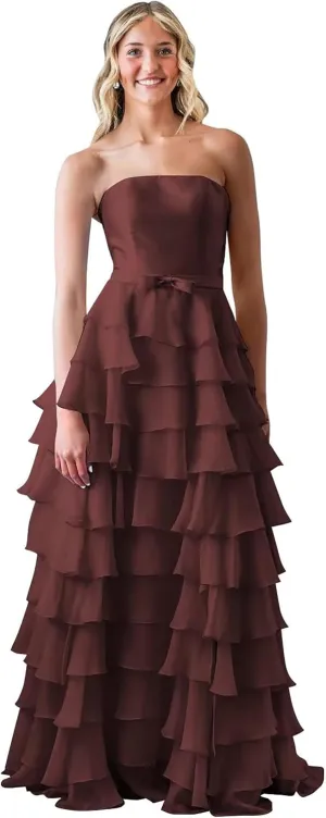Ruffles Tiered Chiffon Prom Dresses Long Corset Strapless Formal Evening Gowns with Slit