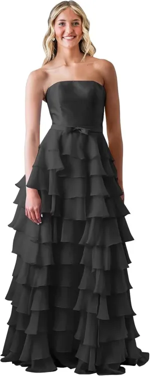 Ruffles Tiered Chiffon Prom Dresses Long Corset Strapless Formal Evening Gowns with Slit