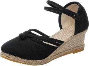 Sandals for Women Dressy Summer, Women's Ankle Strap Closed Toe Casual Shoes Linen Buckle Comfortable Breathable Beach Summer Lace Up Outdoor Leisure Espadrille Wedge Platform Sandal 2025