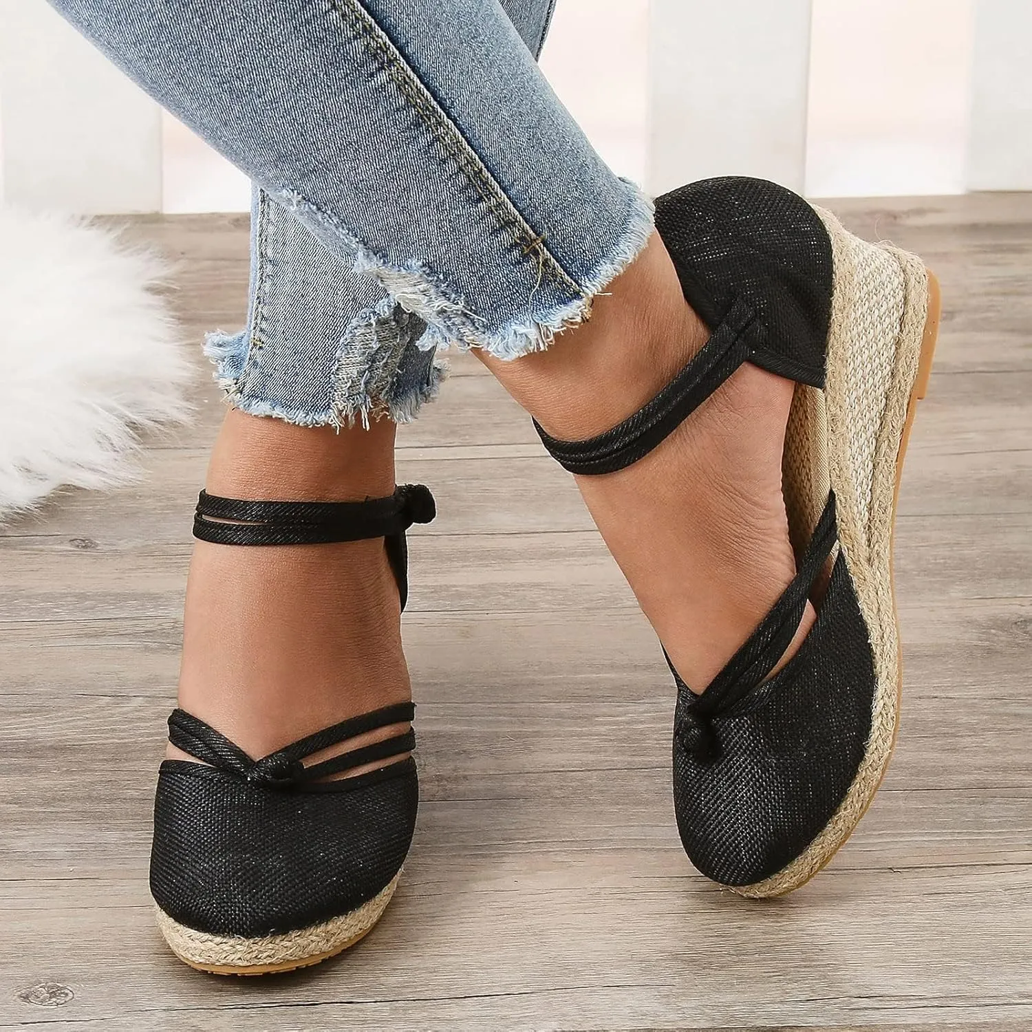 Sandals for Women Dressy Summer, Women's Ankle Strap Closed Toe Casual Shoes Linen Buckle Comfortable Breathable Beach Summer Lace Up Outdoor Leisure Espadrille Wedge Platform Sandal 2025