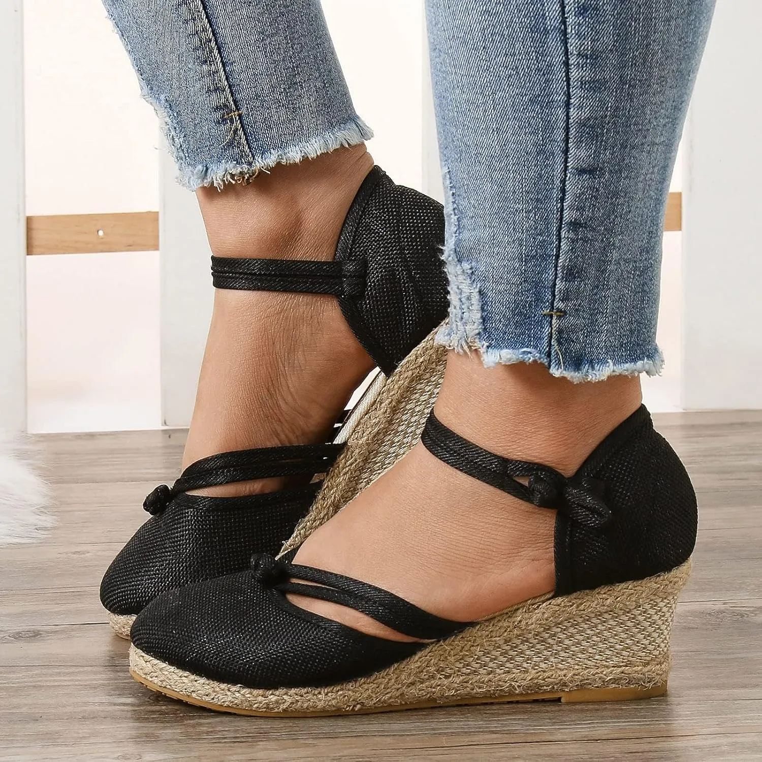 Sandals for Women Dressy Summer, Women's Ankle Strap Closed Toe Casual Shoes Linen Buckle Comfortable Breathable Beach Summer Lace Up Outdoor Leisure Espadrille Wedge Platform Sandal 2025