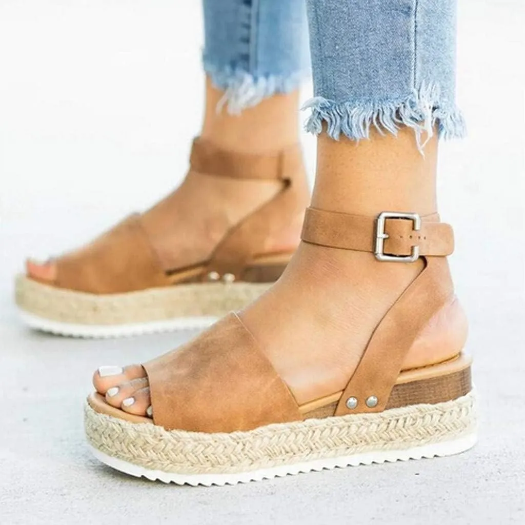 Sandals for Women White Gibobby Wedge Sandal Plus Summer Casual Hemp Rubber Studded Buckle Ankle Strap Open Toe Beach Shoes