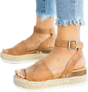 Sandals for Women White Gibobby Wedge Sandal Plus Summer Casual Hemp Rubber Studded Buckle Ankle Strap Open Toe Beach Shoes