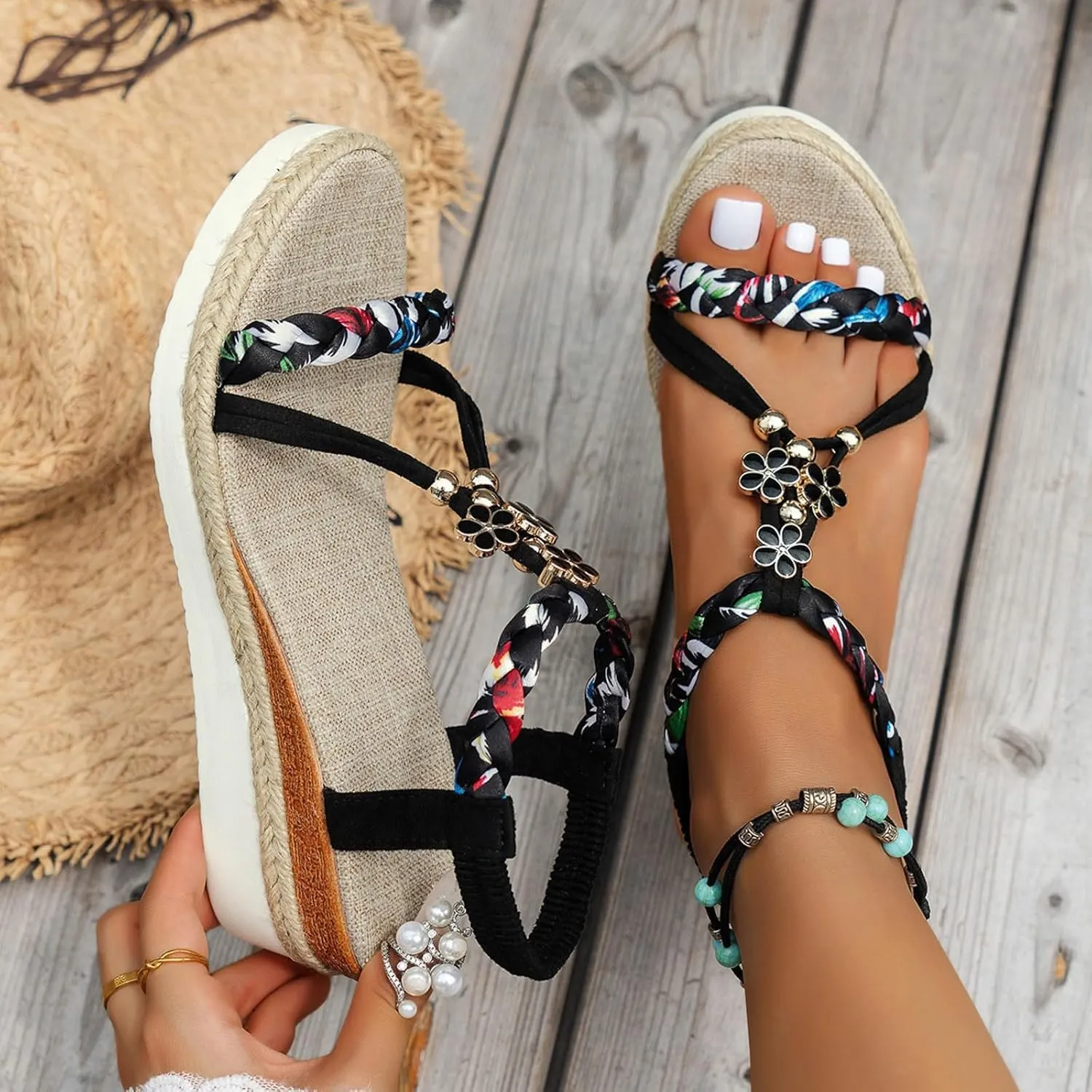 Sandals Women Open Toe Buckle Ankle Strap Wedge Casual Sandal Dressy Beach Low Heels Shoes Wide Width Platform Summer Dressy Comfort Non Slip Elastic Bohemian Woven Espadrilles Flatform
