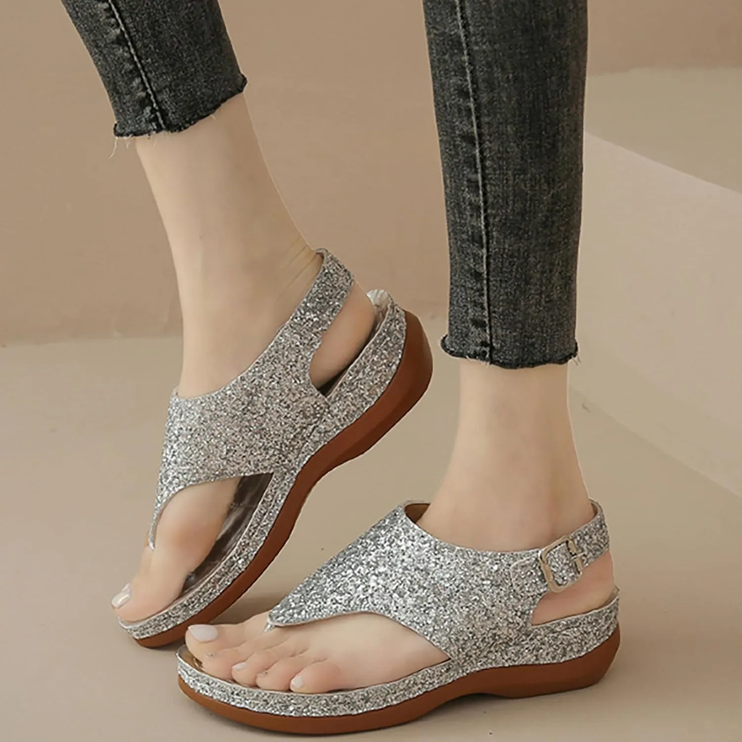Sandals Women Open Toe Cross Sparkly Strap Comfortable Womens Sandals Flats Summer Dress Orthopedic Platform Sandals