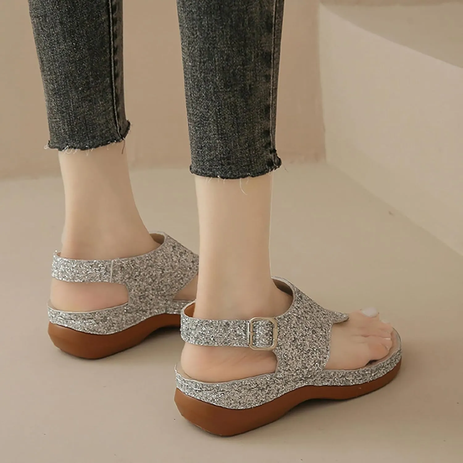 Sandals Women Open Toe Cross Sparkly Strap Comfortable Womens Sandals Flats Summer Dress Orthopedic Platform Sandals
