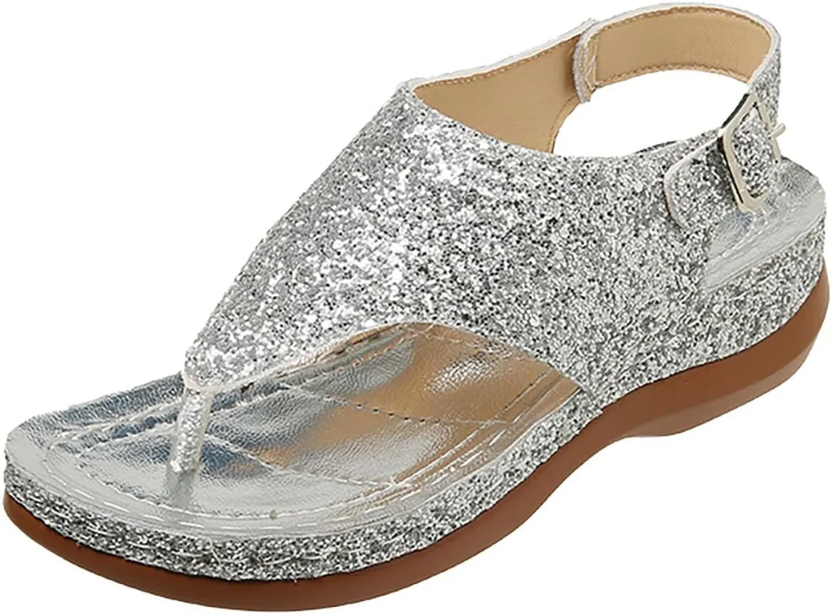 Sandals Women Open Toe Cross Sparkly Strap Comfortable Womens Sandals Flats Summer Dress Orthopedic Platform Sandals