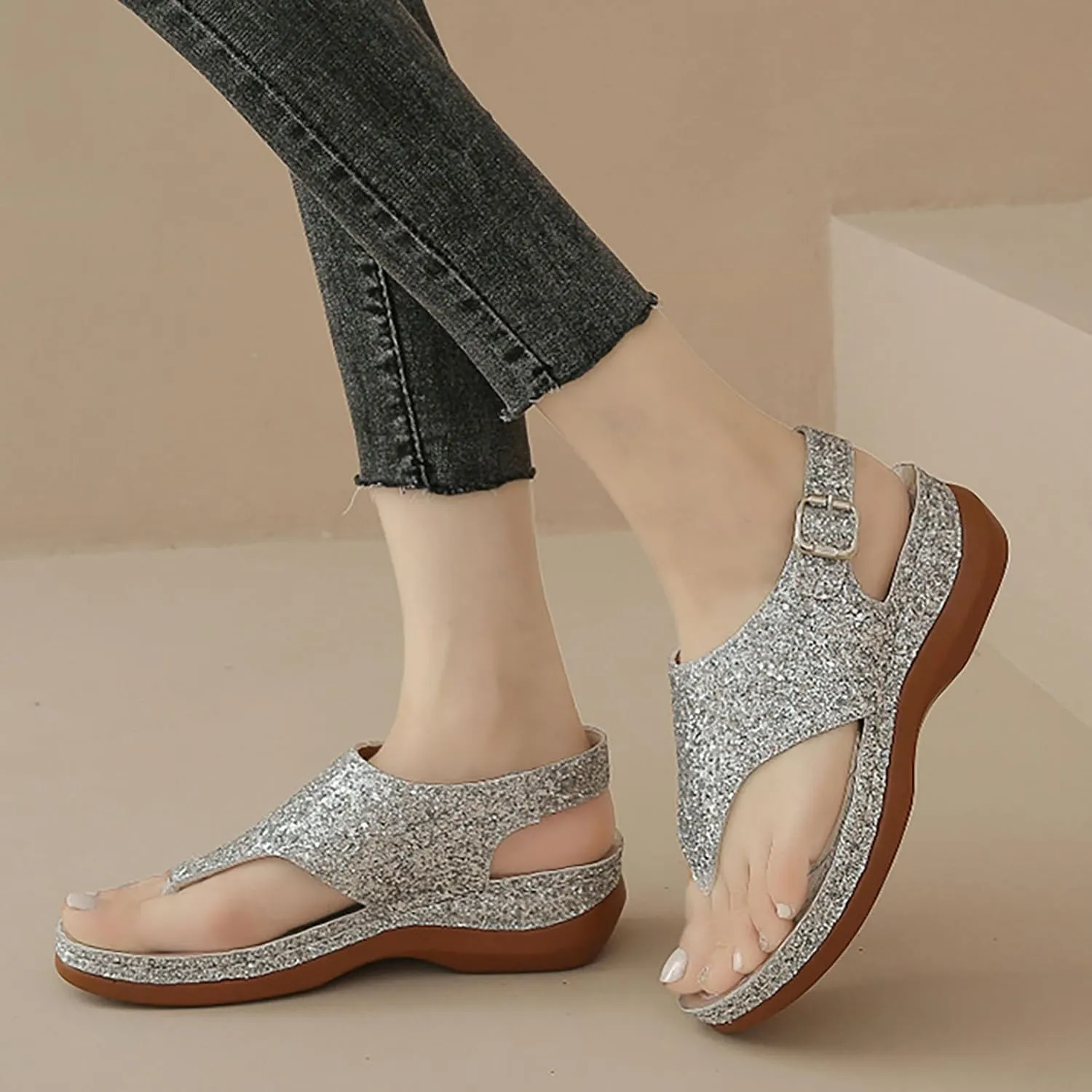 Sandals Women Open Toe Cross Sparkly Strap Comfortable Womens Sandals Flats Summer Dress Orthopedic Platform Sandals
