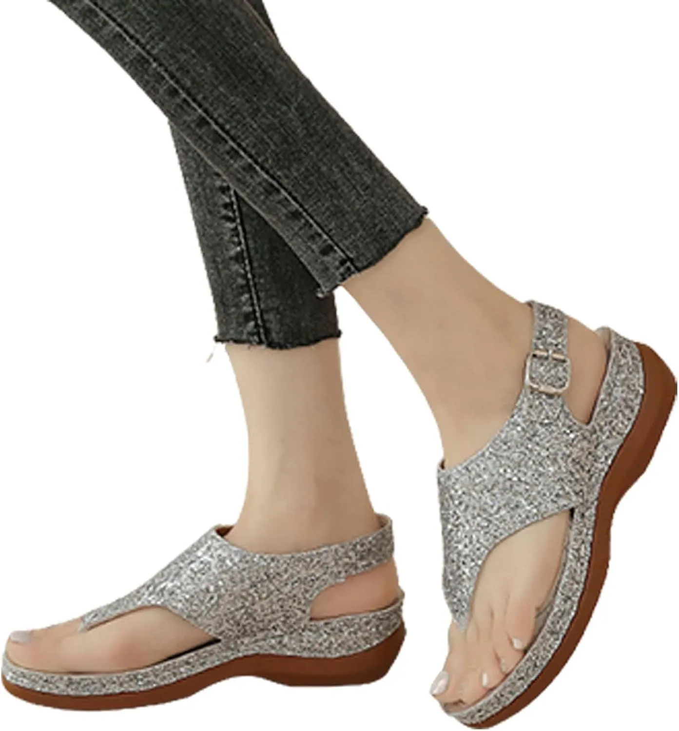 Sandals Women Open Toe Cross Sparkly Strap Comfortable Womens Sandals Flats Summer Dress Orthopedic Platform Sandals