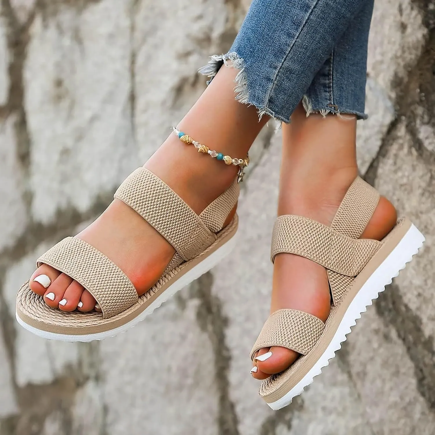 Sandals Women Thick Sole Orthopedic Womens Sandals Bands with Elastic Summer Dressy Flats Casual Platform Sandals
