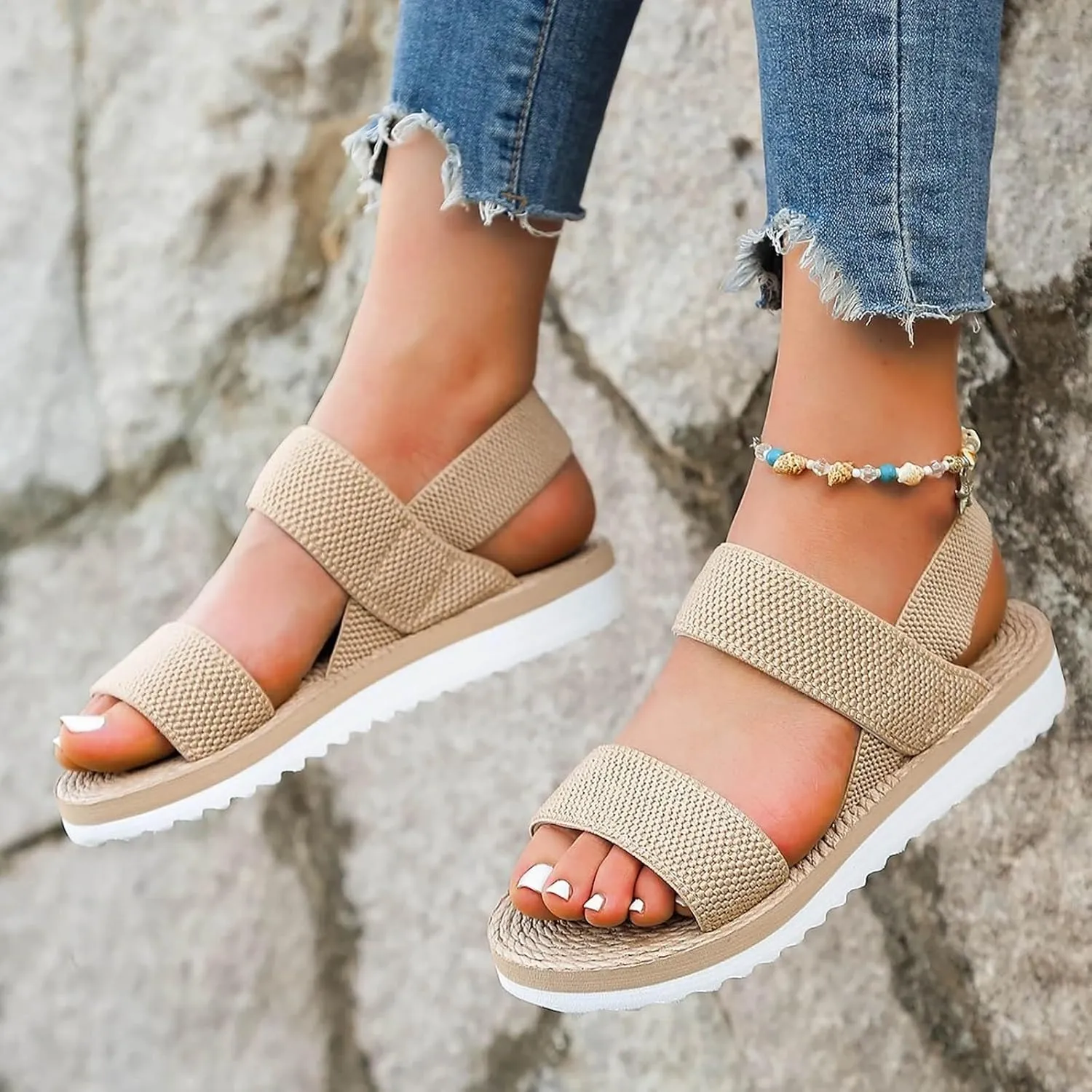 Sandals Women Thick Sole Orthopedic Womens Sandals Bands with Elastic Summer Dressy Flats Casual Platform Sandals