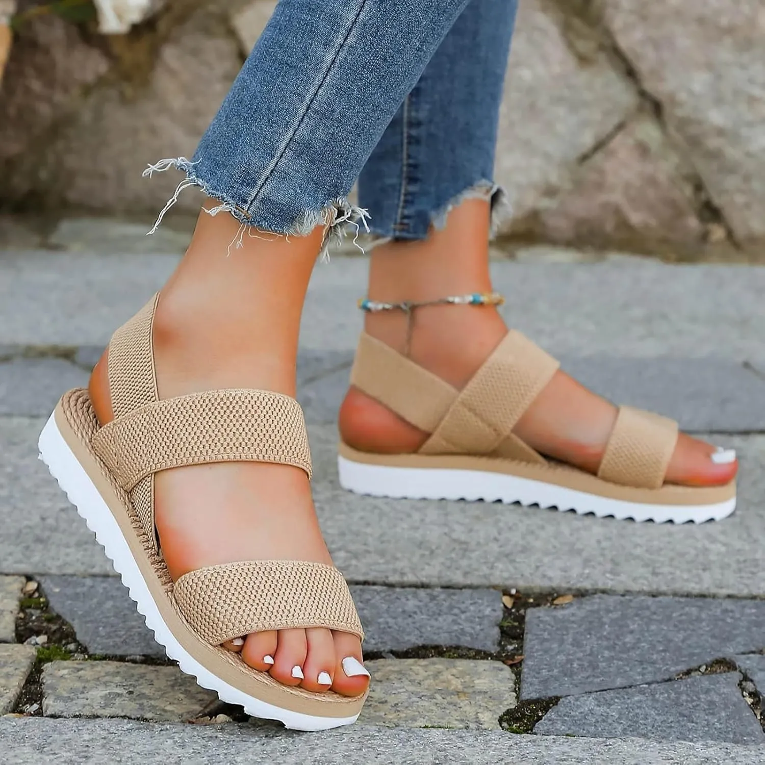 Sandals Women Thick Sole Orthopedic Womens Sandals Bands with Elastic Summer Dressy Flats Casual Platform Sandals