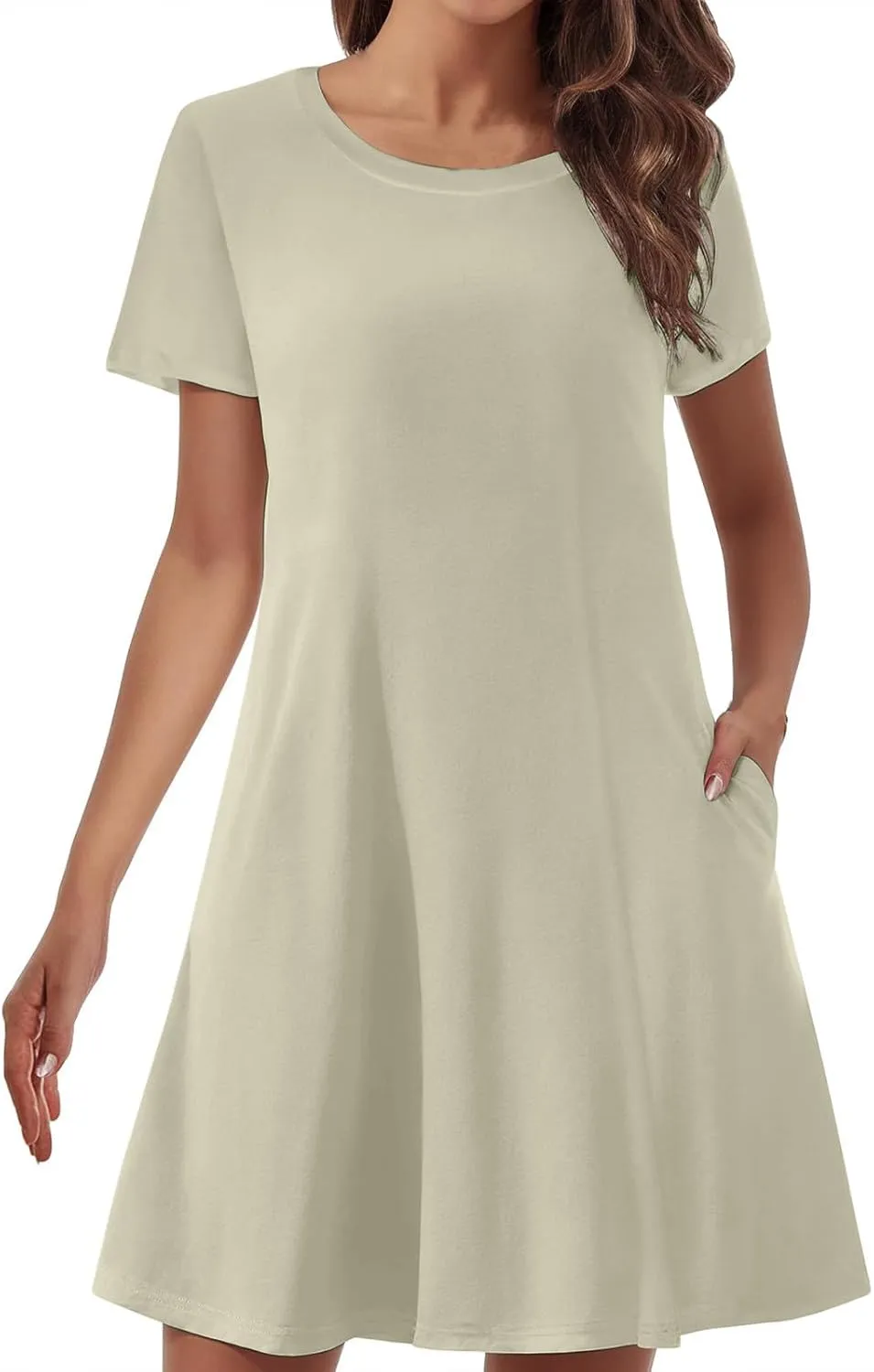 Short Sleeve Dress for Women Crewneck T Shirt Dress Solid Babydoll Dress with Pockets Holiday Vacation Clothes