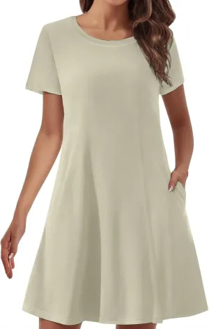 Short Sleeve Dress for Women Crewneck T Shirt Dress Solid Babydoll Dress with Pockets Holiday Vacation Clothes