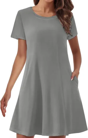 Short Sleeve Dress for Women Crewneck T Shirt Dress Solid Babydoll Dress with Pockets Holiday Vacation Clothes