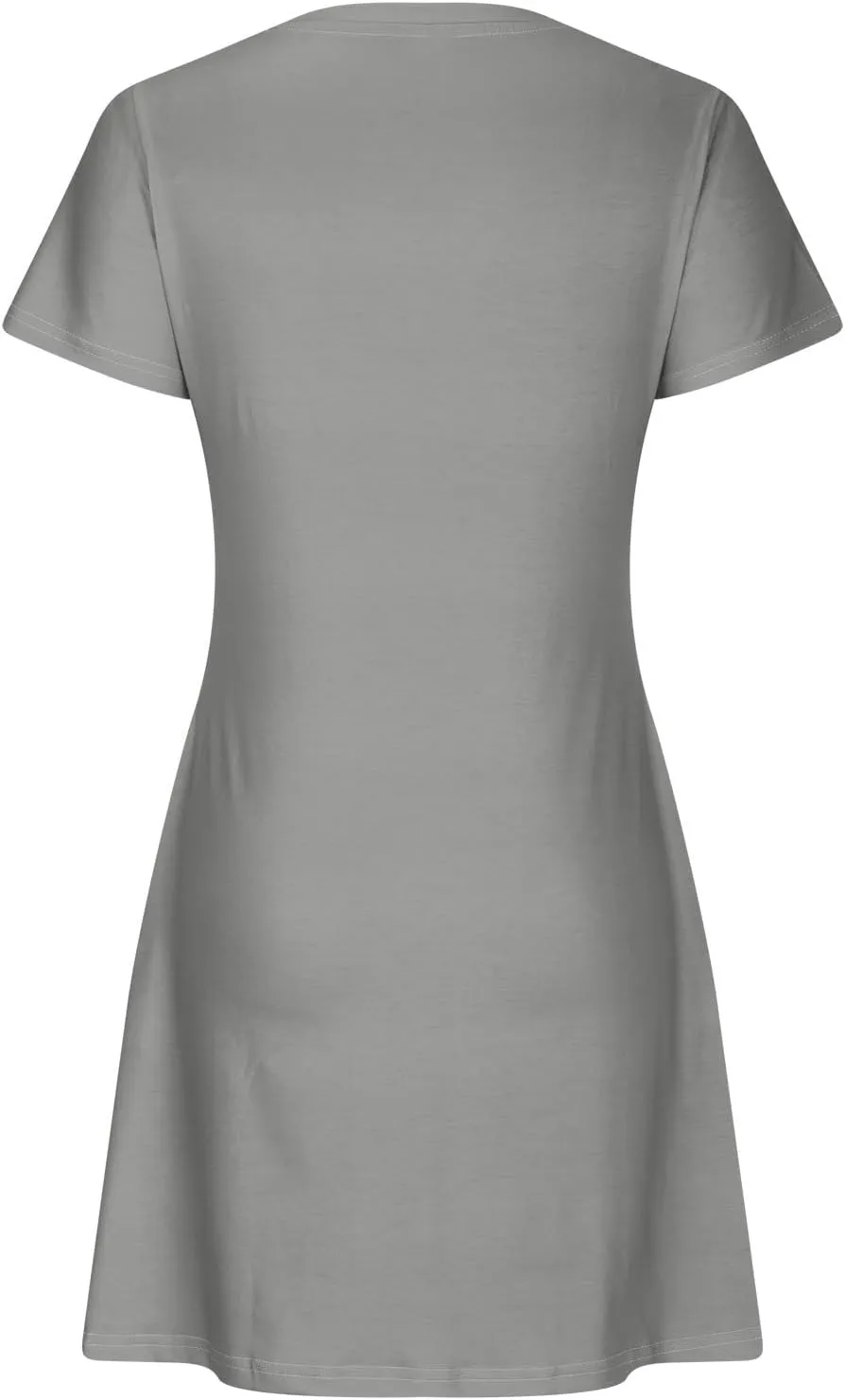 Short Sleeve Dress for Women Crewneck T Shirt Dress Solid Babydoll Dress with Pockets Holiday Vacation Clothes