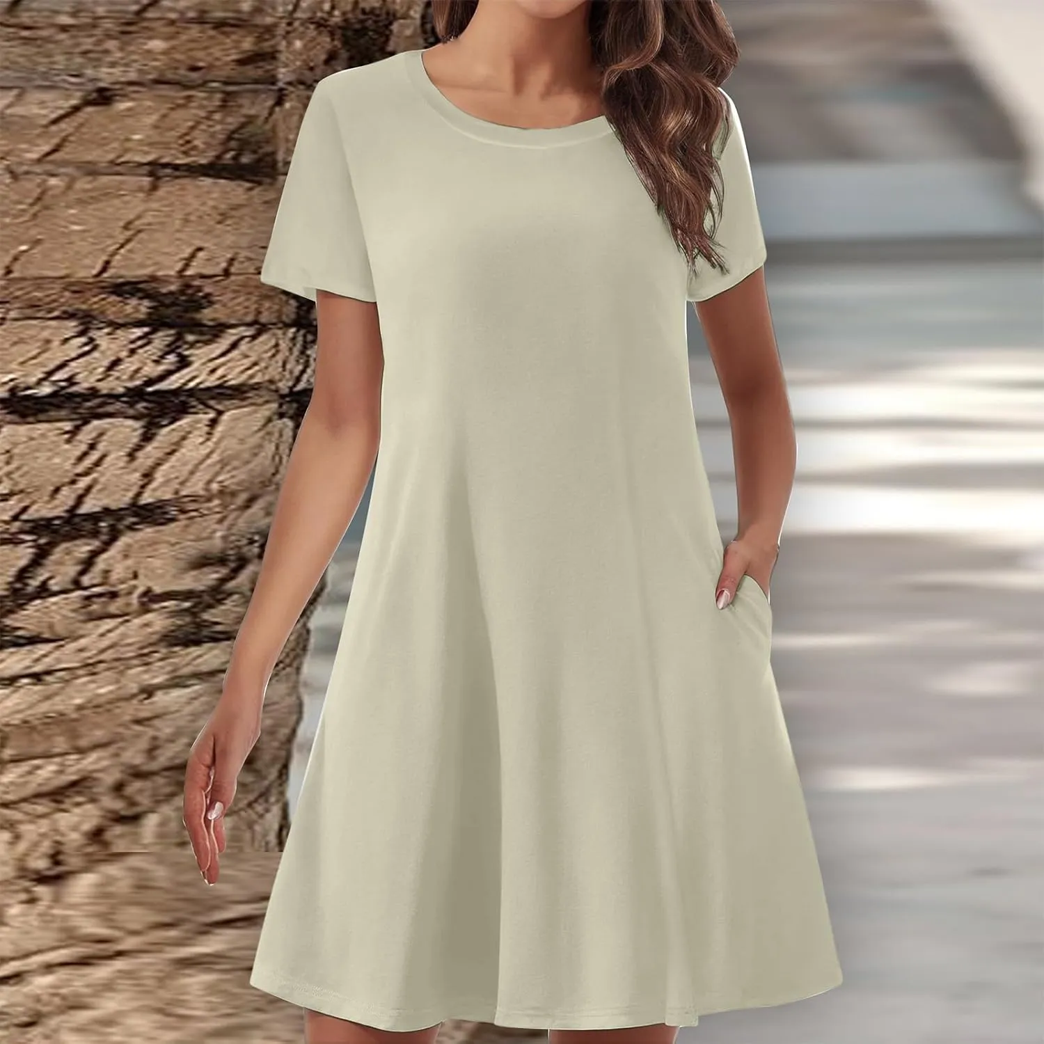 Short Sleeve Dress for Women Crewneck T Shirt Dress Solid Babydoll Dress with Pockets Holiday Vacation Clothes