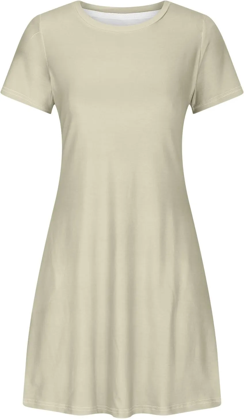 Short Sleeve Dress for Women Crewneck T Shirt Dress Solid Babydoll Dress with Pockets Holiday Vacation Clothes