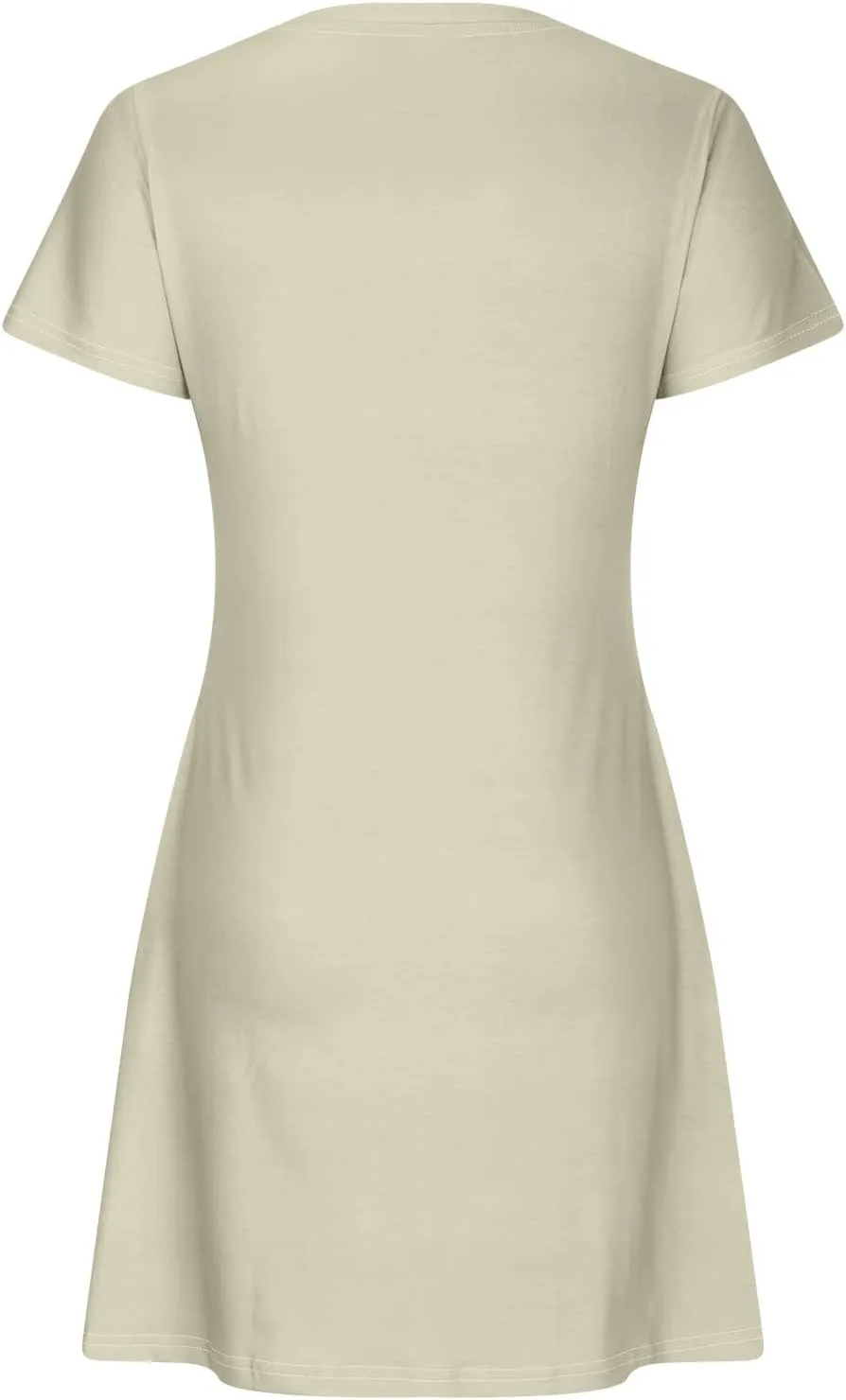 Short Sleeve Dress for Women Crewneck T Shirt Dress Solid Babydoll Dress with Pockets Holiday Vacation Clothes