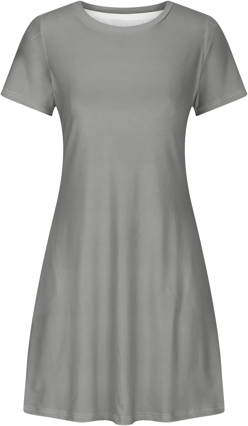 Short Sleeve Dress for Women Crewneck T Shirt Dress Solid Babydoll Dress with Pockets Holiday Vacation Clothes