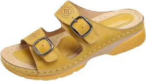 Smoneyful Women's Faux Leather Sandals Arch Support Summer Breathable Adjustable Slip On Orthopedic Diabetic Wedge Casual Anti Slip Open Toe Dressy Flat Walking Beach Sandals