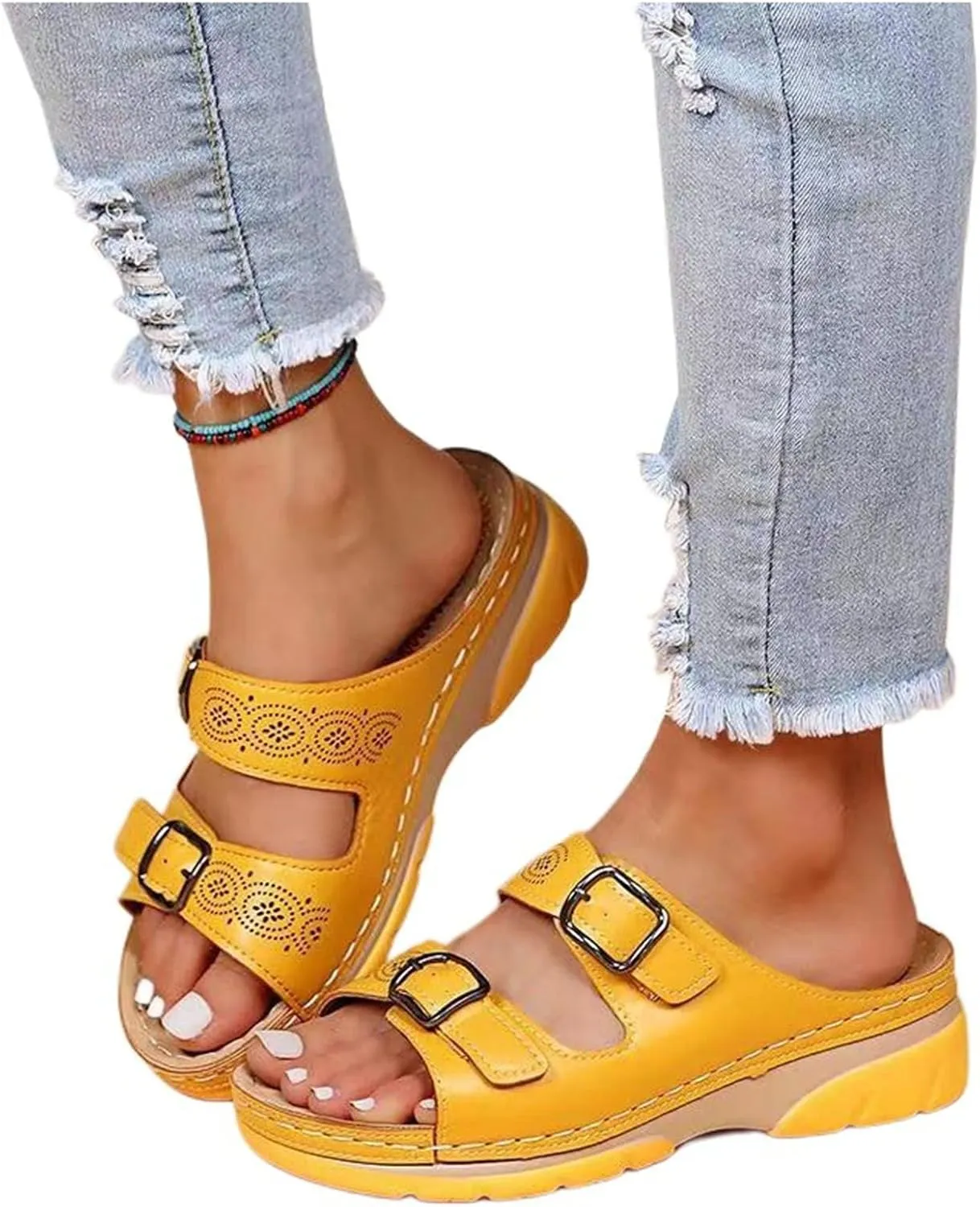 Smoneyful Women's Faux Leather Sandals Arch Support Summer Breathable Adjustable Slip On Orthopedic Diabetic Wedge Casual Anti Slip Open Toe Dressy Flat Walking Beach Sandals