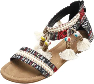 Smoneyful Womens Rhinestones Beaded Gladiator Sandals Zip Back Ankle Strap Comfortable Flat for Summer Casual Ethnic Outdoor Style