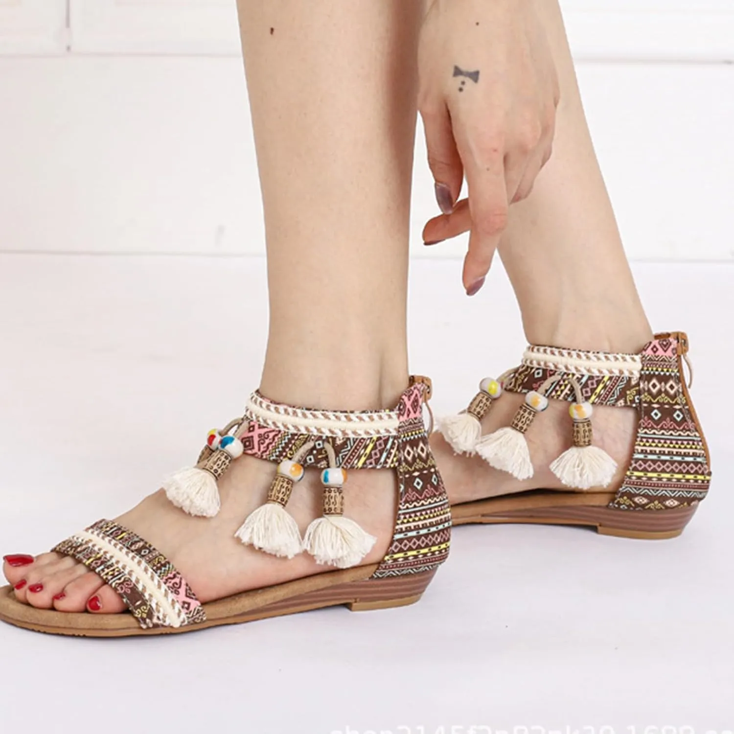 Smoneyful Womens Rhinestones Beaded Gladiator Sandals Zip Back Ankle Strap Comfortable Flat for Summer Casual Ethnic Outdoor Style