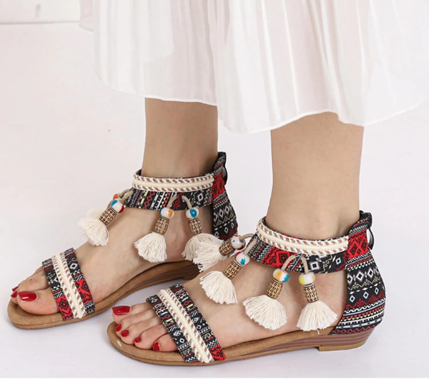 Smoneyful Womens Rhinestones Beaded Gladiator Sandals Zip Back Ankle Strap Comfortable Flat for Summer Casual Ethnic Outdoor Style