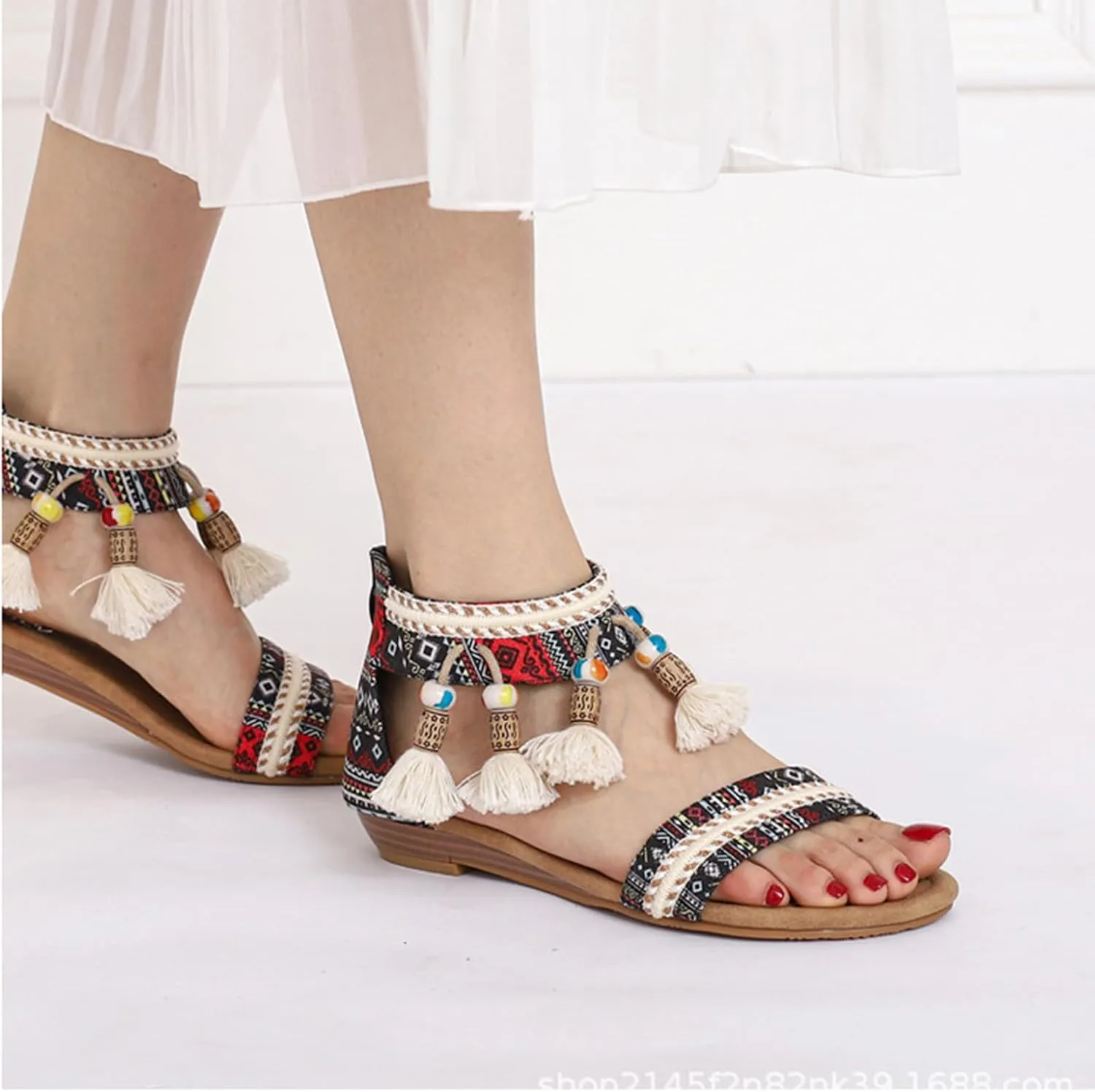 Smoneyful Womens Rhinestones Beaded Gladiator Sandals Zip Back Ankle Strap Comfortable Flat for Summer Casual Ethnic Outdoor Style