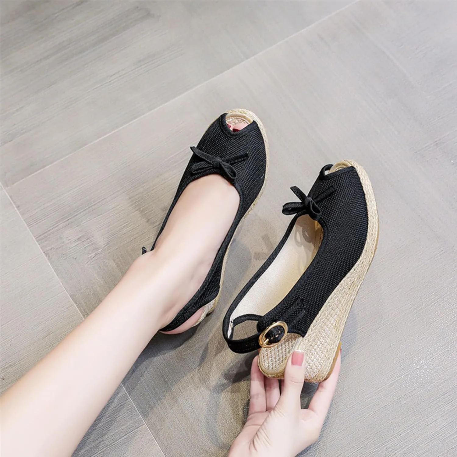 Socialite Women's Wedge Sandals Walking Slippers with Arch Support Wedge Summer Dressy Platform Slingback Mid Low Heel Canvas Bow Dress Sandals
