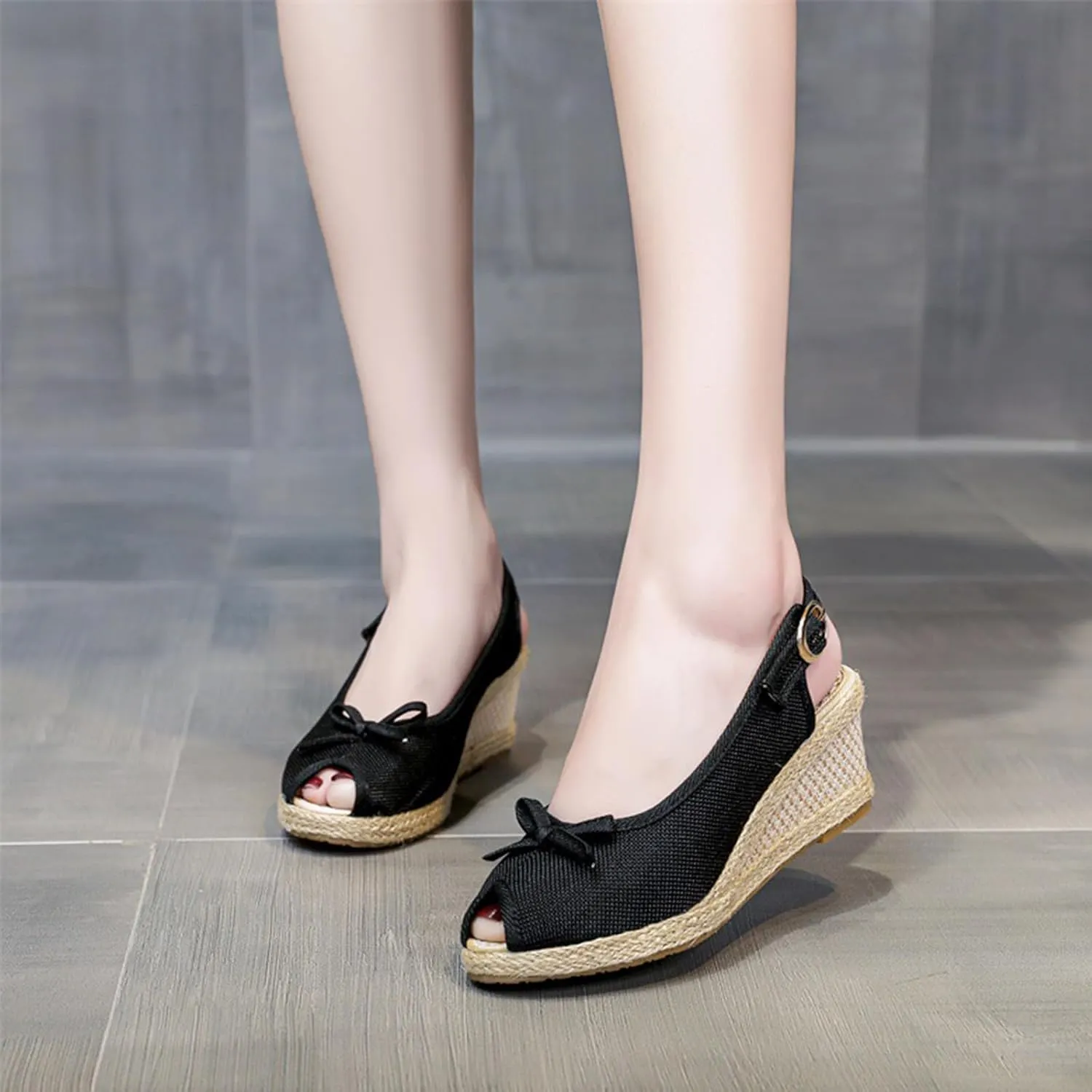 Socialite Women's Wedge Sandals Walking Slippers with Arch Support Wedge Summer Dressy Platform Slingback Mid Low Heel Canvas Bow Dress Sandals