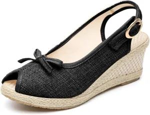 Socialite Women's Wedge Sandals Walking Slippers with Arch Support Wedge Summer Dressy Platform Slingback Mid Low Heel Canvas Bow Dress Sandals