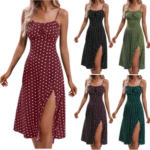 Spaghetti Strap Dresses for Women 2025 Polka Dot Dress Trendy Sleeveless Slit Summer Sundress Beach Holiday Sexy Dress
