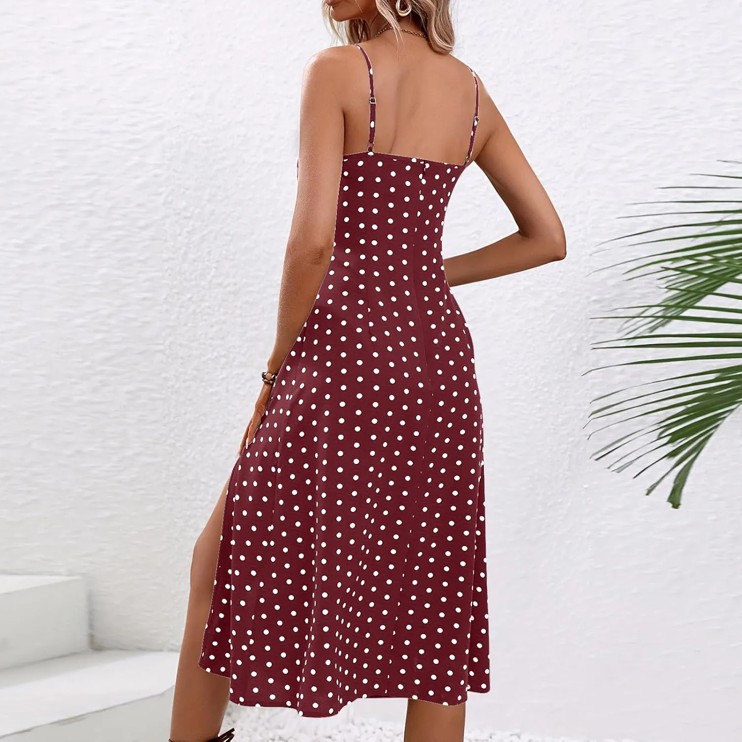 Spaghetti Strap Dresses for Women 2025 Polka Dot Dress Trendy Sleeveless Slit Summer Sundress Beach Holiday Sexy Dress