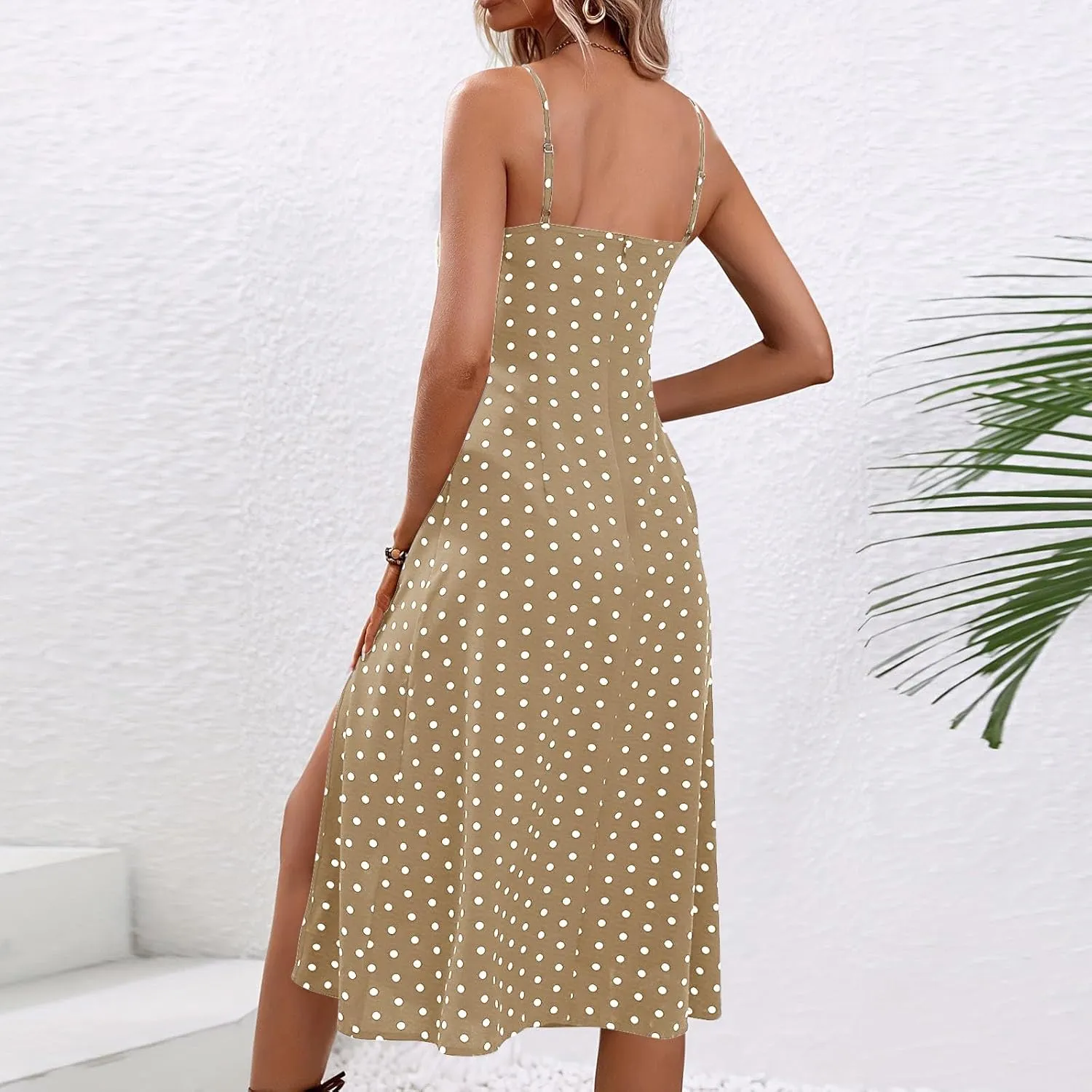 Spaghetti Strap Dresses for Women 2025 Polka Dot Midi Dress Sleeveless Slit Summer Sundress Beach Vacation Sexy Dress