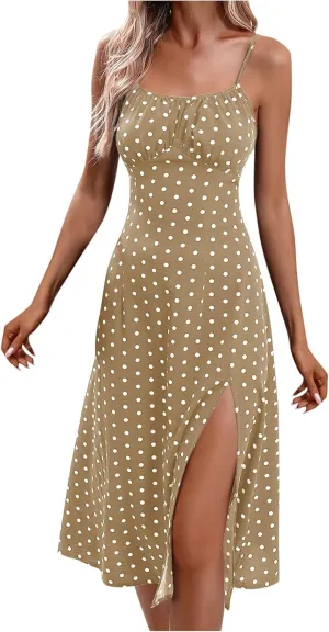 Spaghetti Strap Dresses for Women 2025 Polka Dot Midi Dress Sleeveless Slit Summer Sundress Beach Vacation Sexy Dress