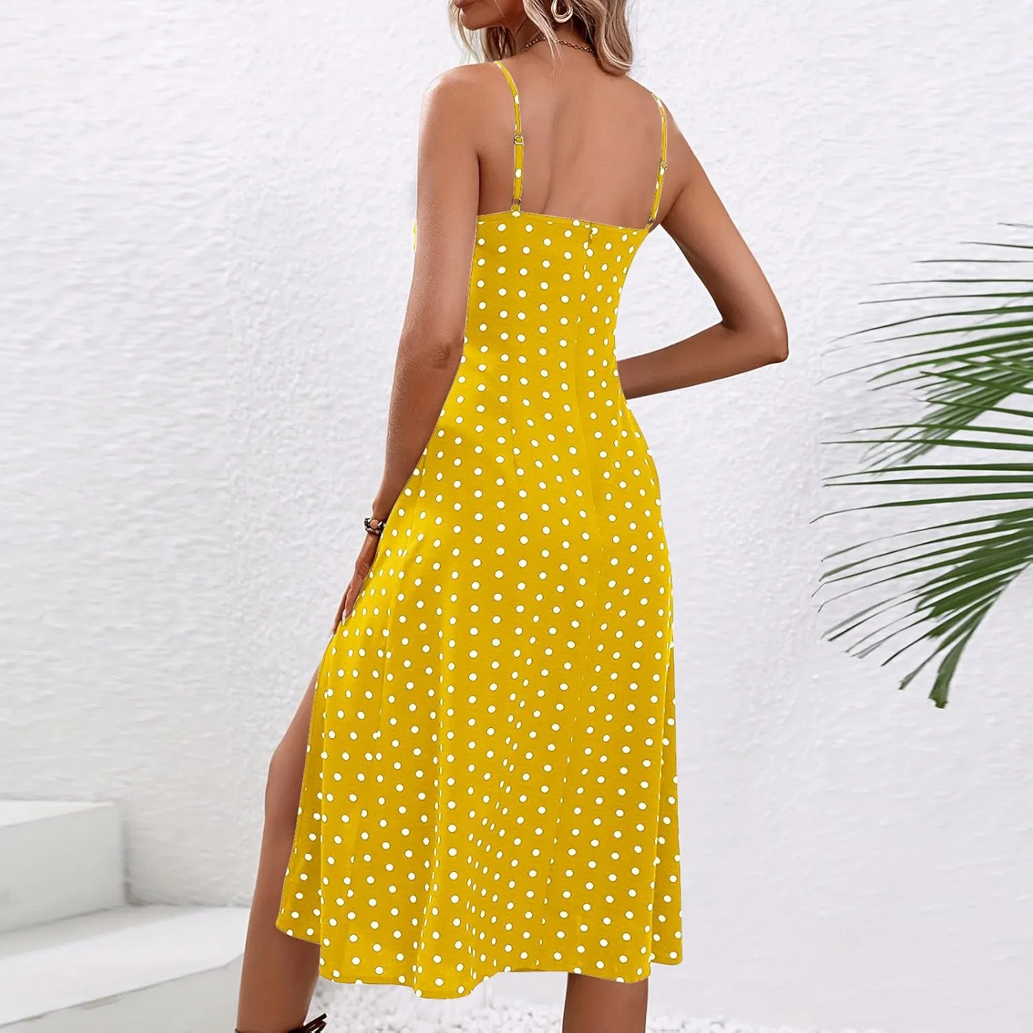 Spaghetti Strap Dresses for Women 2025 Polka Dot Midi Dress Sleeveless Slit Summer Sundress Beach Vacation Sexy Dress