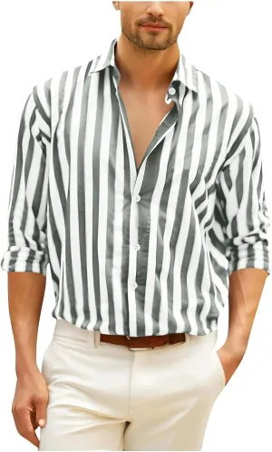 Striped Color Block Shirts for Men Casual Long Sleeve Button Down Shirts Loose Summer Beach Collared Top