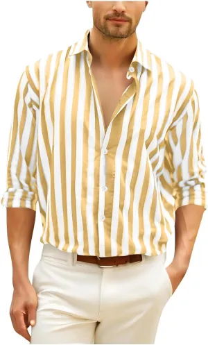 Striped Color Block Shirts for Men Casual Long Sleeve Button Down Shirts Loose Summer Beach Collared Top