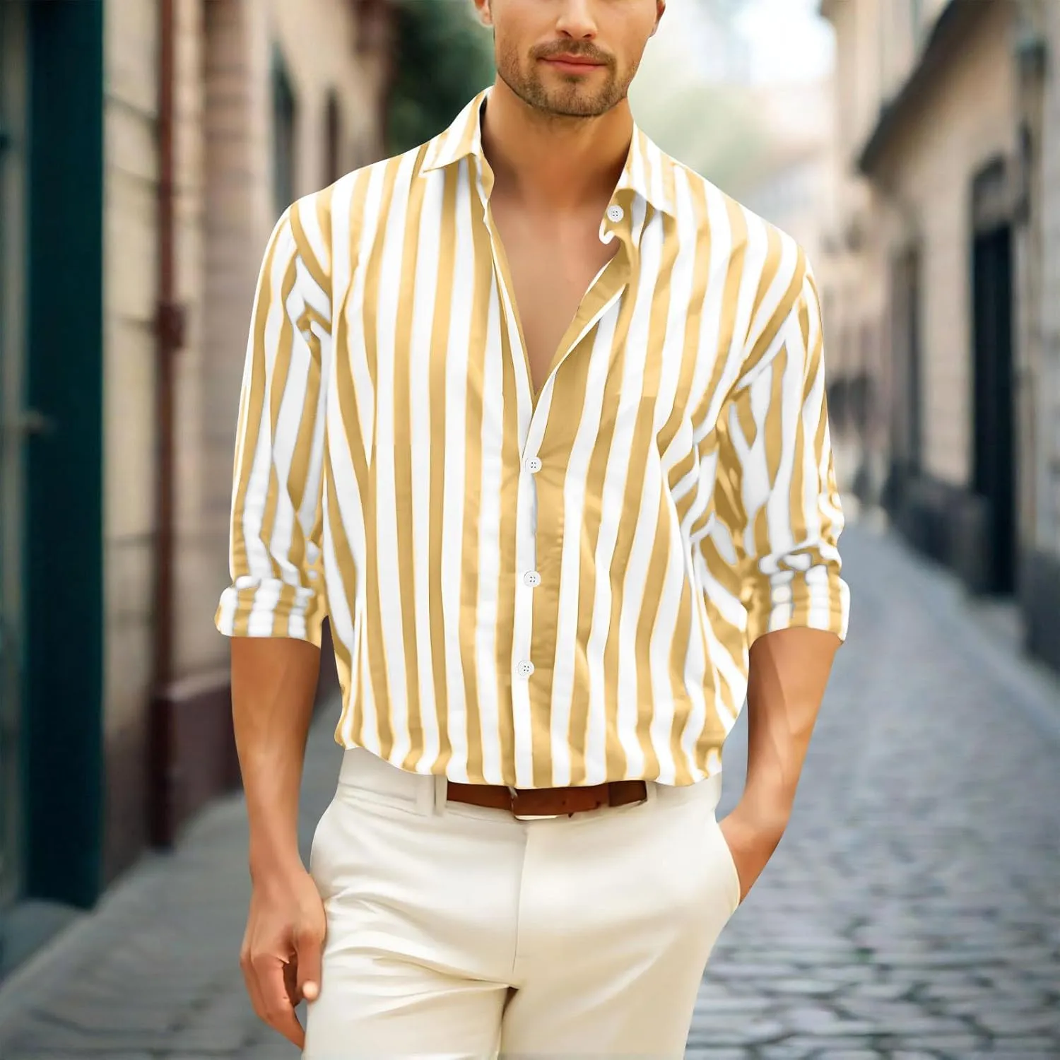 Striped Color Block Shirts for Men Casual Long Sleeve Button Down Shirts Loose Summer Beach Collared Top