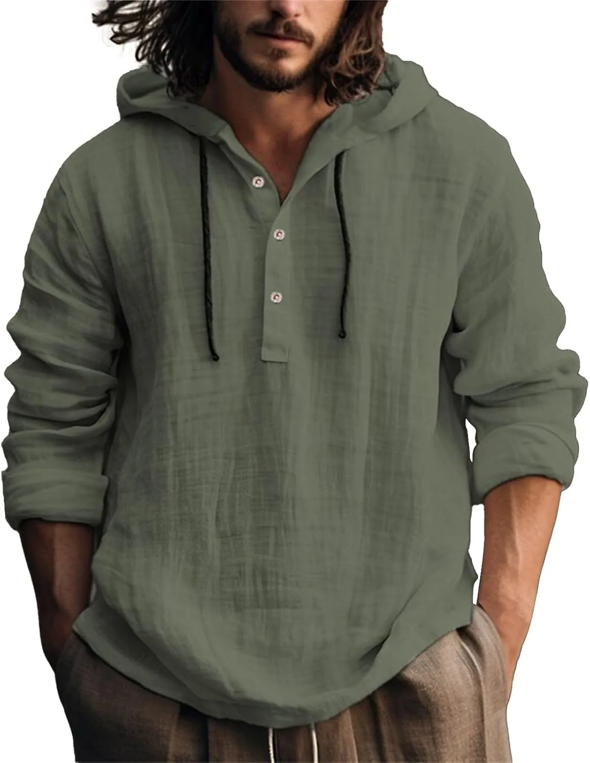 Summer Cotton and Linen Hoodies for Men Solid Fashion Lightweight Shirt Quarter Button V Neck Long Sleeve Drawstring Pullover