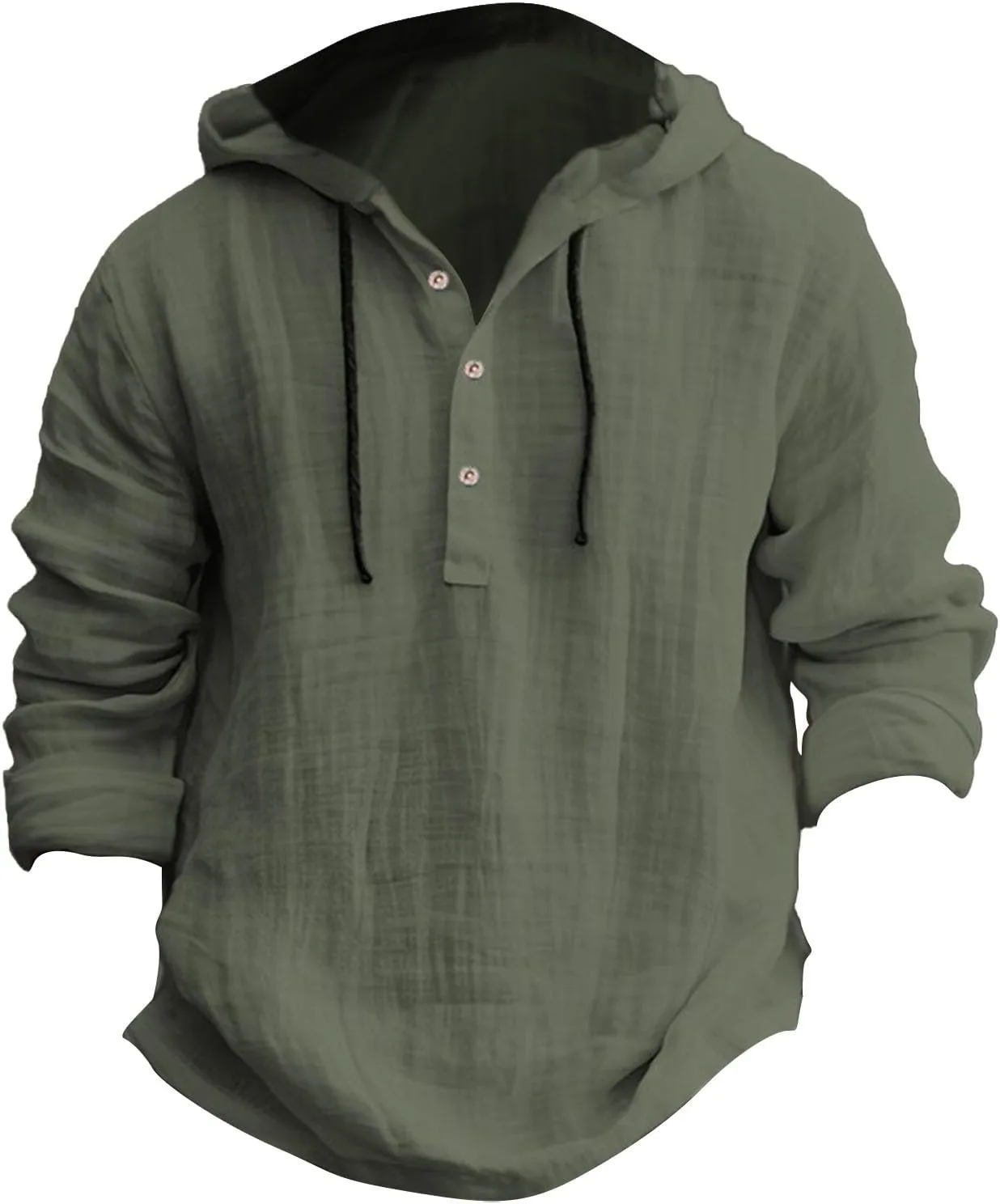 Summer Cotton and Linen Hoodies for Men Solid Fashion Lightweight Shirt Quarter Button V Neck Long Sleeve Drawstring Pullover